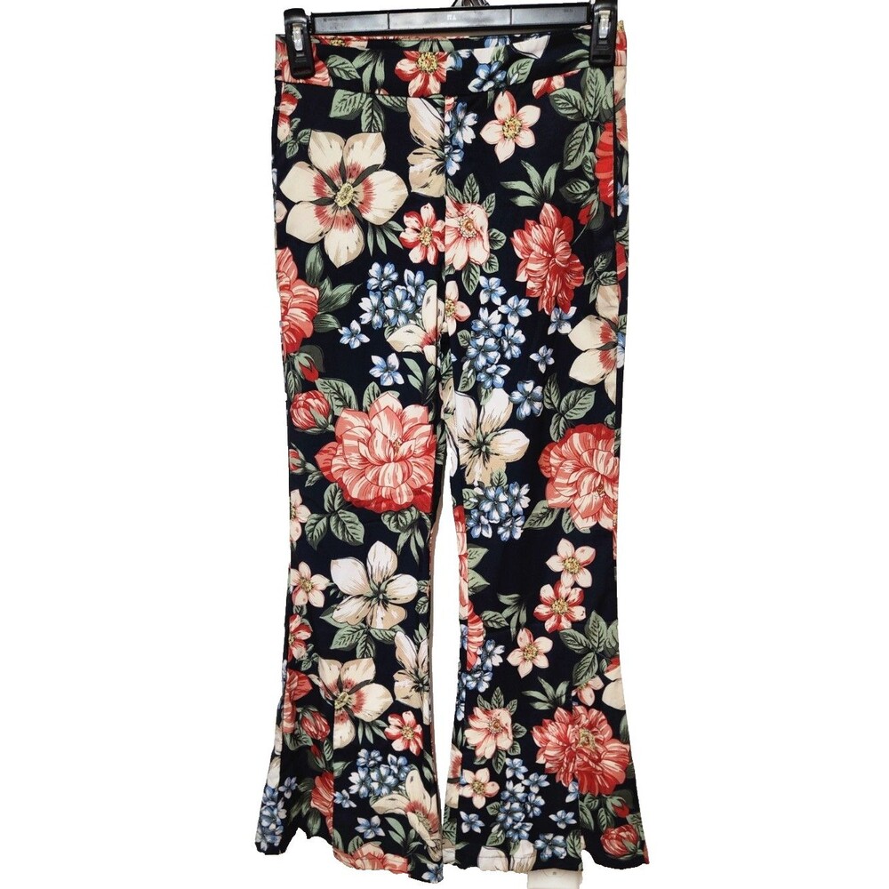 IVIVI Collection Blue Multi-Color Floral Split Front Wide Leg Pants Pockets